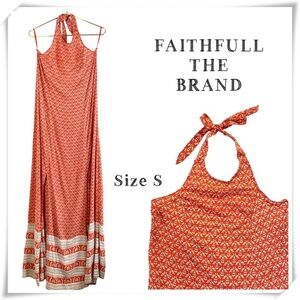 FAITHFULL The Brand Bird’s Print Double Slits Maxi Dress in Orange Size S